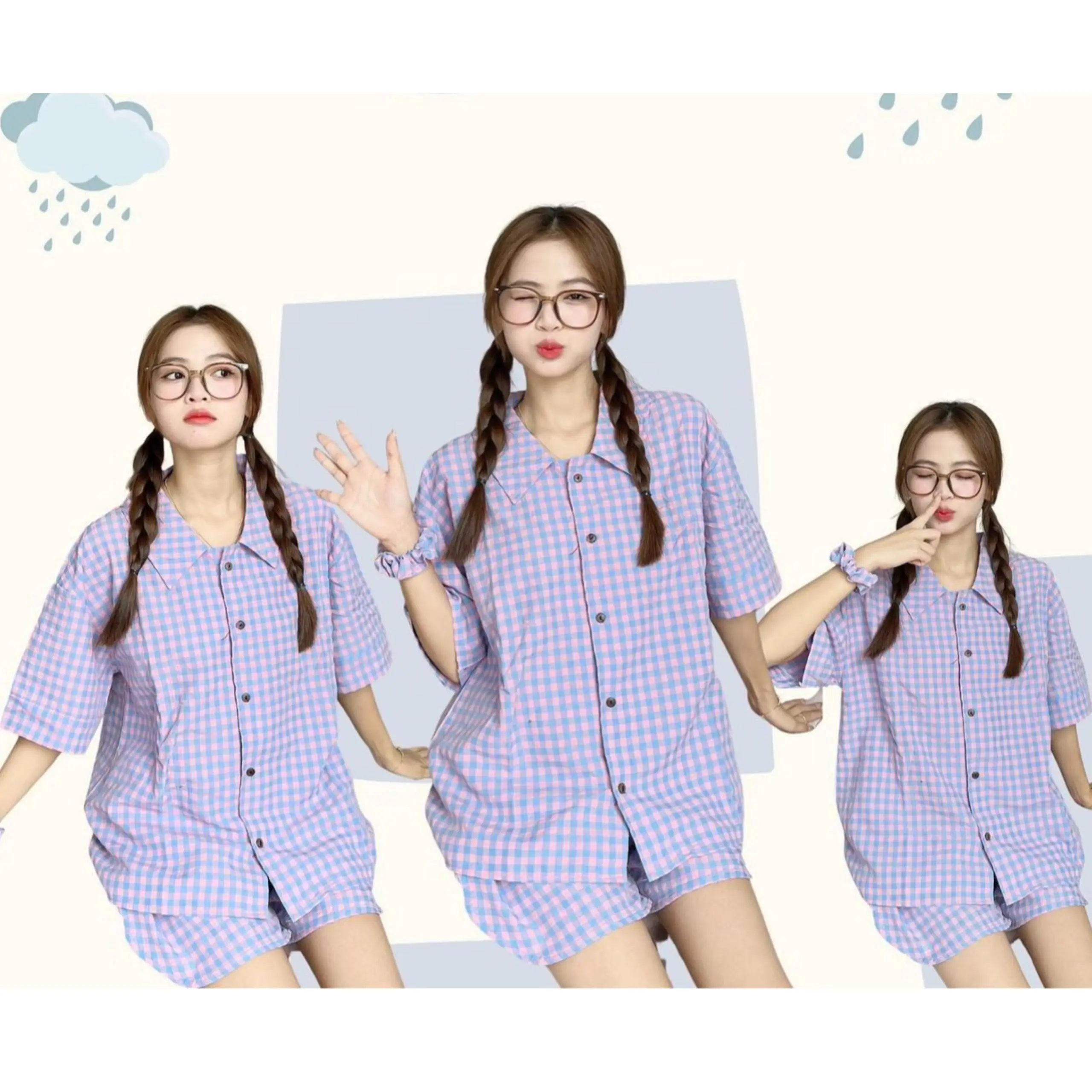 XẢ KHO NGHỈ BÁN Bộ ngủ kiểu nữ chất cotton mây họa tiết kẻ ô vuông form rộng đồ bộ nữ mặc ở nhà bốn mùa Hàn Quốc nhiều màu Kozoda Women BN1 Kem Top