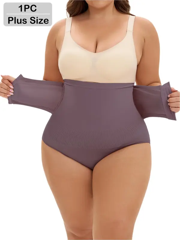 【Plus Size】 Solid High Waist Shapewear Panty, Tummy Control High Stretch Shaper, Women's Shapewear Bottoms for Daily Wear 2