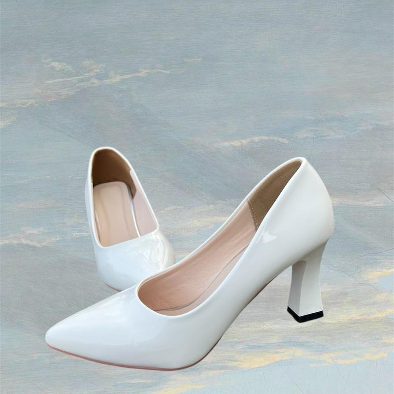 Giày Nữ Da Bóng Mũi Nhọn Cổ Tròn 2 Màu Trắng Kem Gót vuông Cao 3,5,7,9 Phân Đế Cao PU Shoes 2