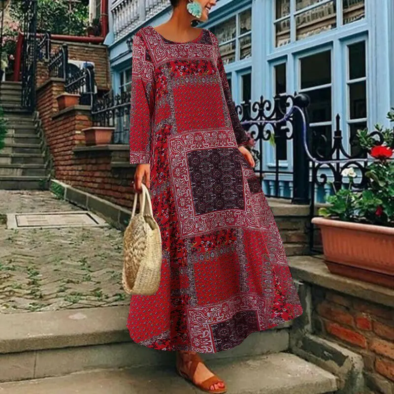 Artistic Women's Cotton and Linen Dress Long Sleeve Midi Dress