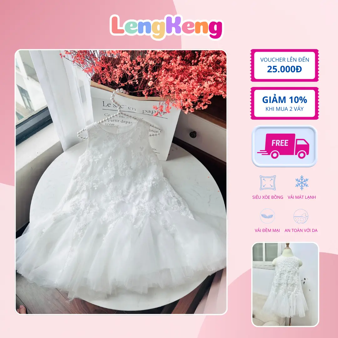 Váy đuôi cá thêu hoa kim tuyến cho bé gái từ 13-30kg váy trắng bé gái , váy đi tiệc bé gái, đàm trắng cho bé gái , váy xòe cho bé gái