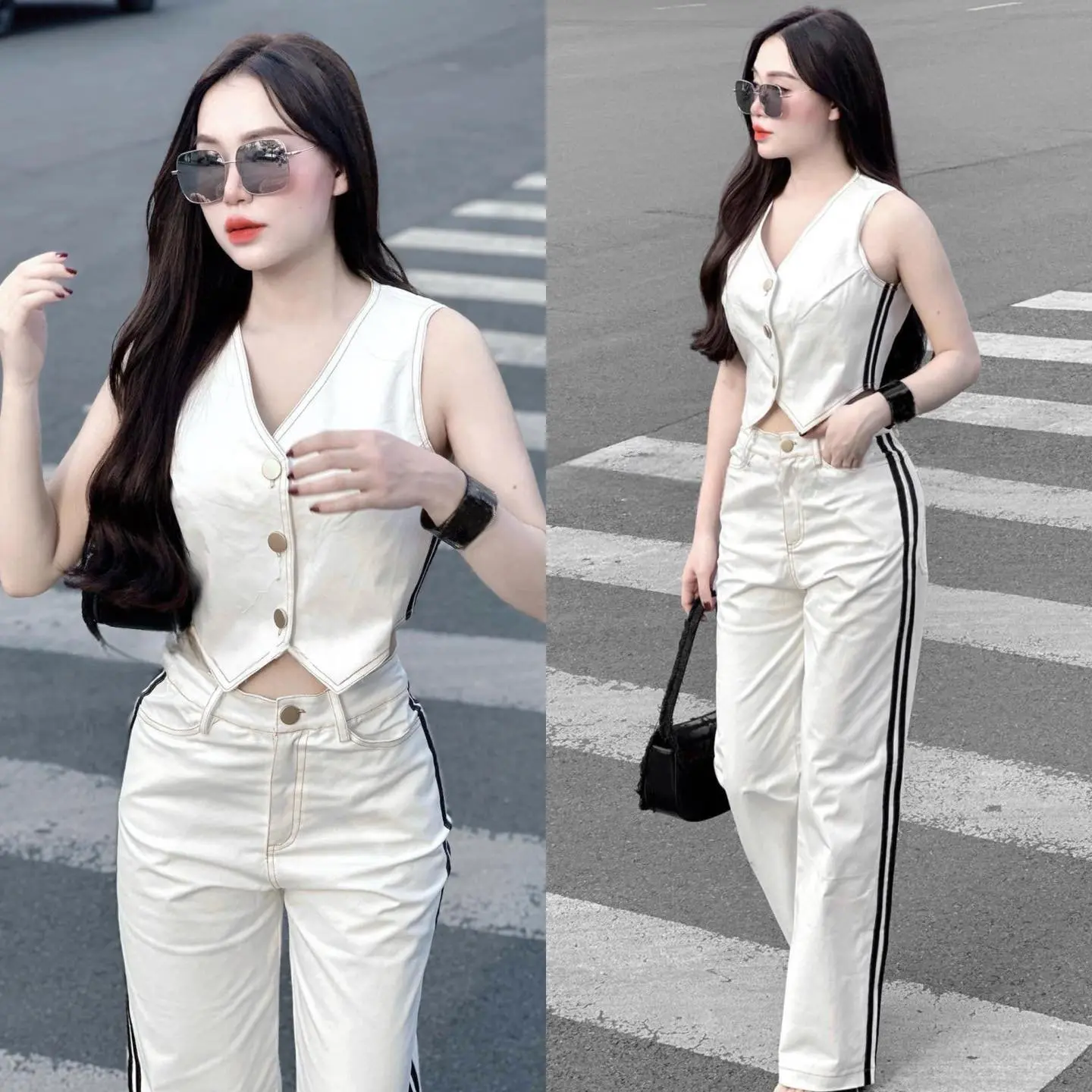 Sét Áo Sơ Mi Nữ GiLe Nữ Áo Sát Nách Quần Suông KaKi Màu Trắng,Quần Nữ Dáng Dài Sang Chảnh,Đi Chơi.Đi Làm,Dạo Phố S066 setáocroptopquầnsuông nơ set bộ ống Women Ong