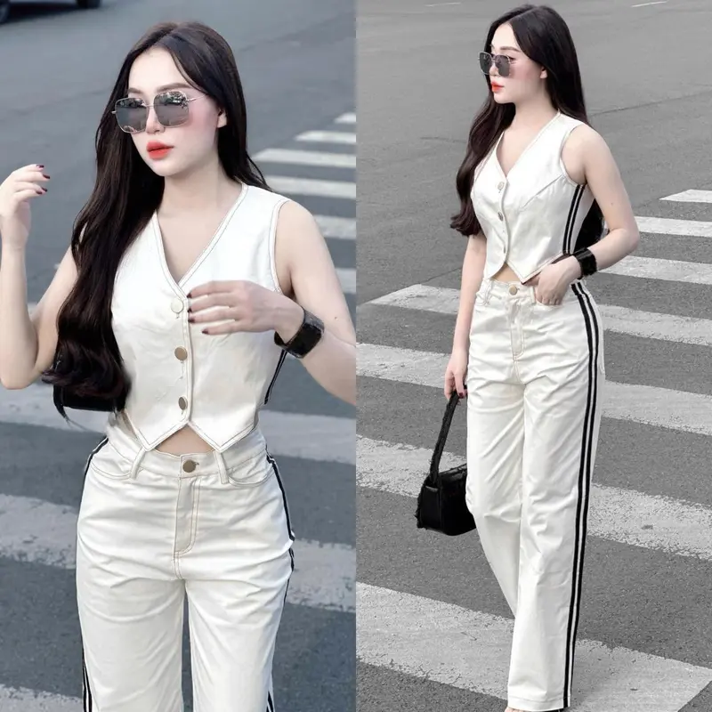 Sét Áo Sơ Mi Nữ GiLe Nữ Áo Sát Nách Quần Suông KaKi Màu Trắng,Quần Nữ Dáng Dài Sang Chảnh,Đi Chơi.Đi Làm,Dạo Phố S066 setáocroptopquầnsuông nơ set bộ ống Women Ong 0