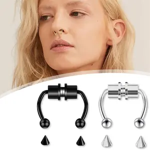 Tindik Hidung Palsu Magnet Bentuk U Bahan Stainless Steel Gaya Punk Metal Stainless Steel NOSE RING