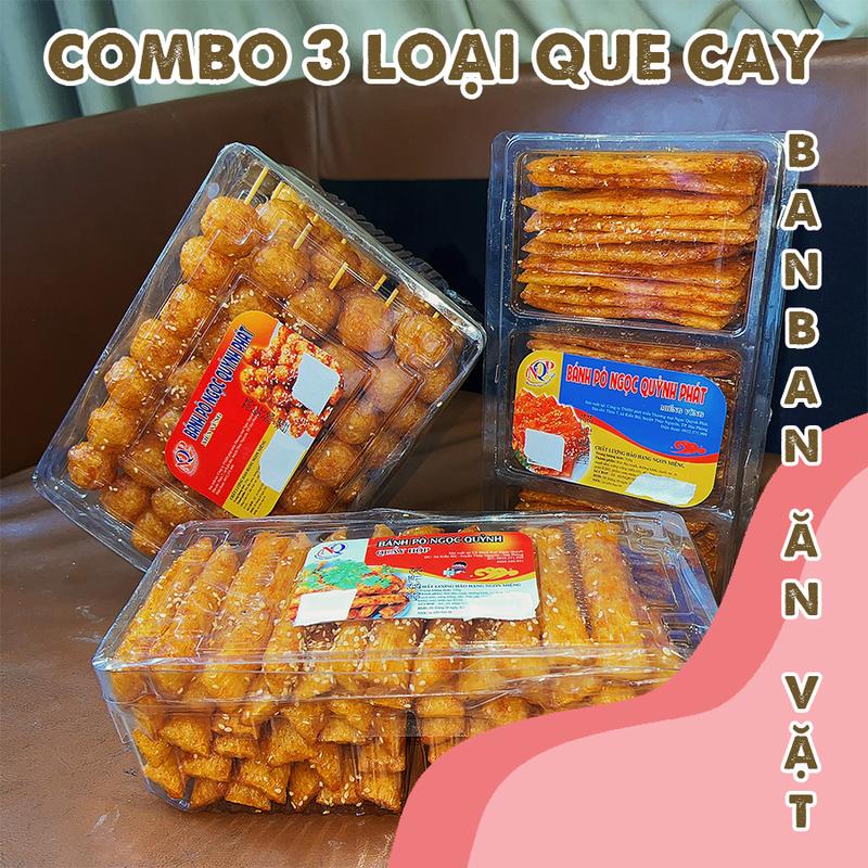 COMBO đồ ăn vặt que cay, 3 hộp bánh bò miếng vừng, xiên hồ lô, quẩy bò, bánh pò miếng vừng snack chua Food Cake
