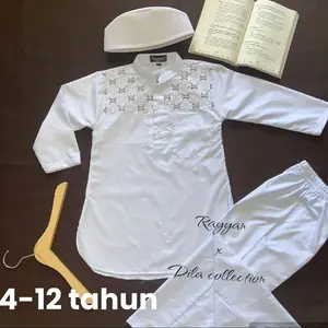 BAJU KOKO PUTIH PANJANG ANAK 4-12 MUSLIM MANASIK MODEL KURTA PAKISTAN LENGAN PANJANG MOTIF BORDIR KATUN SET PECI RAYYAN