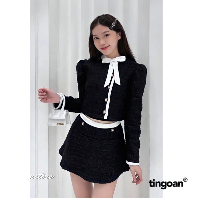 TINGOAN - Áo tweed crop form lửng phối nơ cổ lệch hàng cúc ROSE TEA TOP/BL