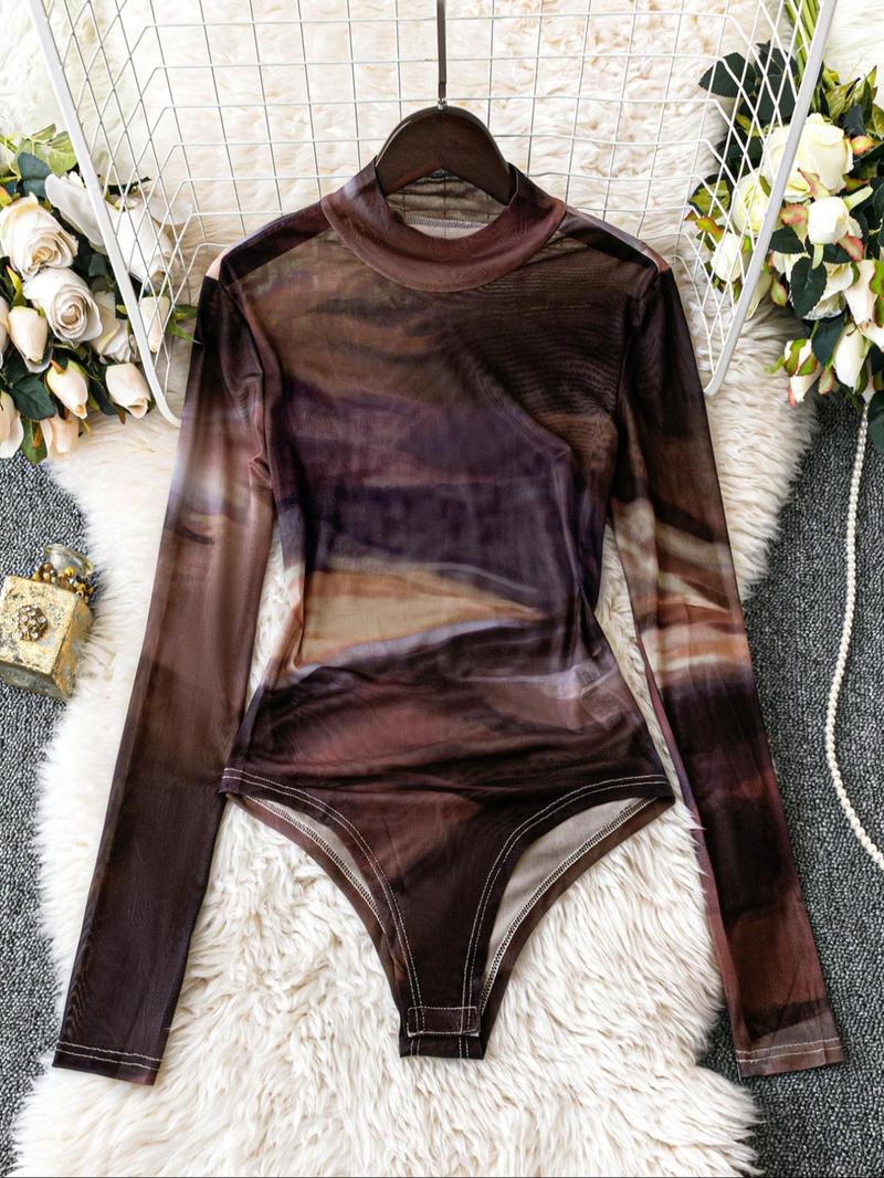 Product Introduction of Women's Tie Dye Print Long Sleeve Bodysuit, Casual High Neck Bodysuit, Ladies Clothes for Spring & Fall 4