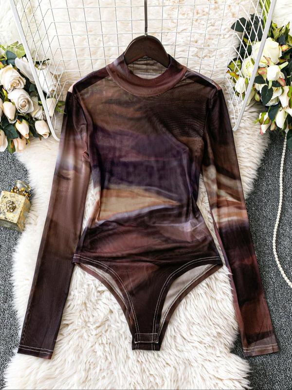 Women's Tie Dye Print Long Sleeve Bodysuit, Casual High Neck Bodysuit, Ladies Clothes for Spring & Fall 3