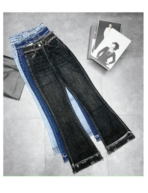  Quần jeans ống loe cạp cao lai đắp tua rua Pants Nữ Women Denim Lưng Cao Ong 