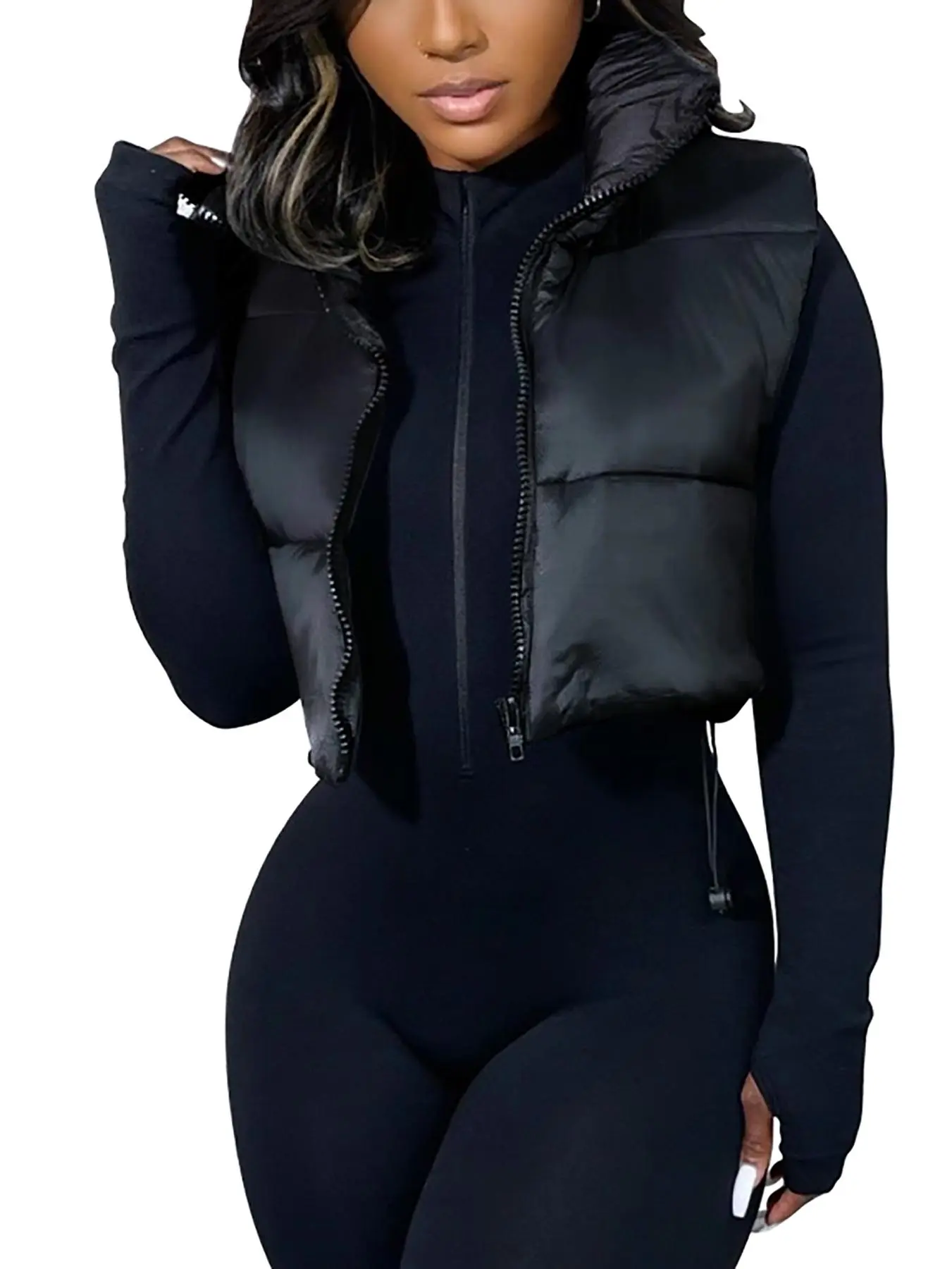 Women's Solid Drawstring Zip Up Short Gilet, Casual Sleeveless Outerwear for Daily Wear, Ladies Clothes for All Seasons, Vest