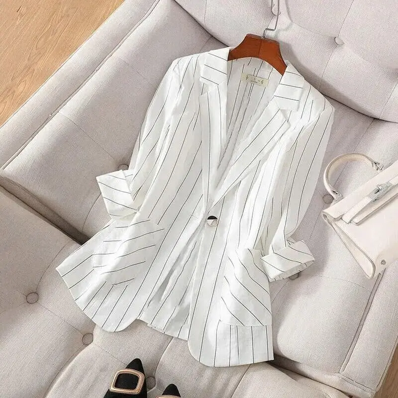 Áo Khoác Vest Sọc, Hàng Mới Về Mùa Xuân Và Mùa Hè, Cỡ Nhỏ Dành Cho Nữ, Phần Mỏng, Tay Lỡ, Tay Áo Ba Phần Tư, Dáng Ôm Jacket Women