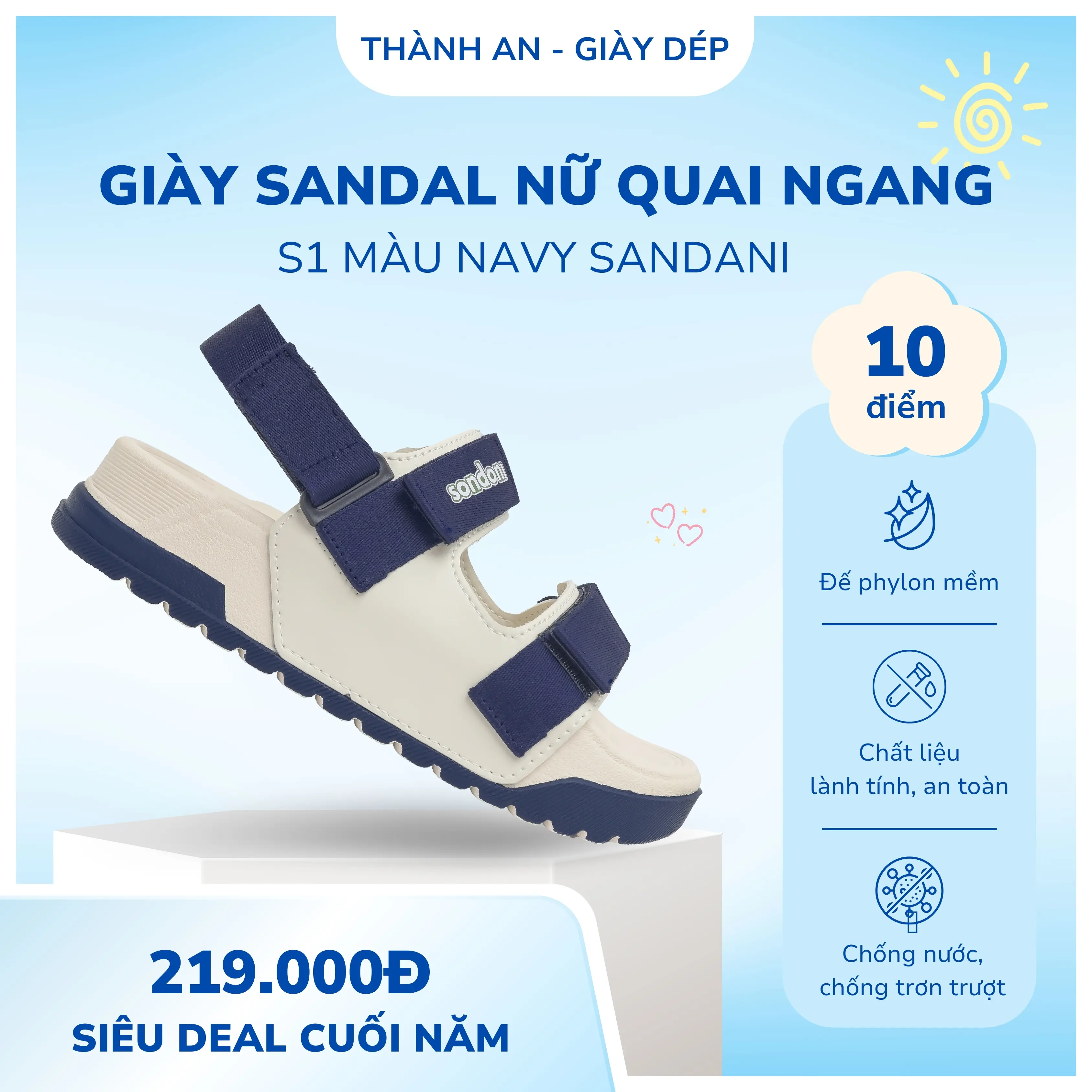 Dép Sandal Nữ Sandani Navy S1 - Đế Phylon Nhẹ Êm, Quai Dù Bền, Đi Học Đi Chơi - Cao Su, DéP sandal  nữ