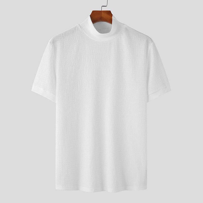 New Casual Simple Knitting Comfortable Bottoming Shirt European and American Men's Fashion High Collar Slim-Fit Water Ripple Solid Color T-shirt 5
