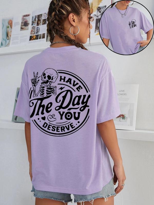 Women's Streetwear Letter & Skeleton Print Drop Shoulder Tee, Casual Half Sleeve Round Neck T-shirt for Daily Wear, Ladies Clothes for All Seasons, Tshirt 7
