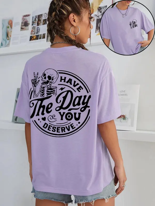 Women's Streetwear Letter & Skeleton Print Drop Shoulder Tee, Casual Half Sleeve Round Neck T-shirt for Daily Wear, Ladies Clothes for All Seasons, Tshirt 5