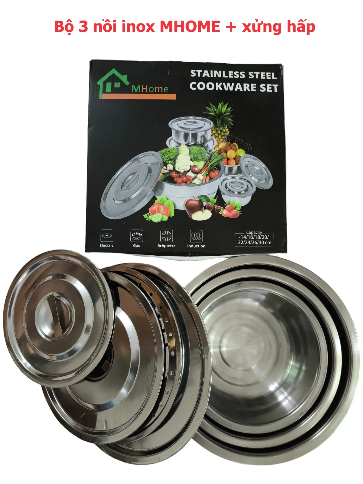 Bộ 3 nồi inox bóng bền đẹp Mhome kèm khay hấp