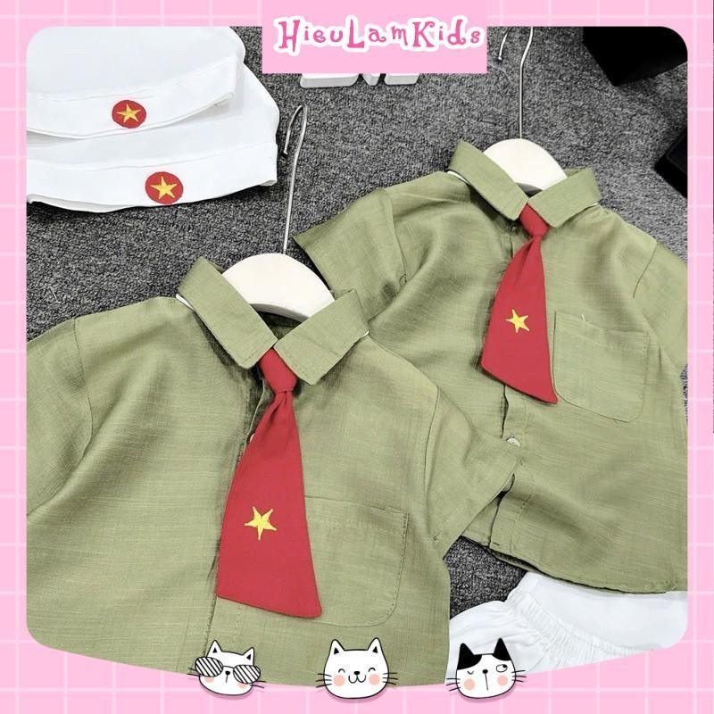 X32 - Bộ quần áo cho bé 4 món, Set áo sơ mi kèm cà vạt và mũ lá cờ đỏ sao vàng cho bé 6
