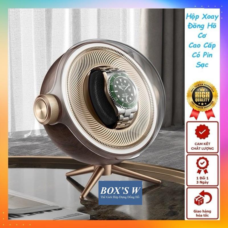 Hộp Xoay Đồng Hồ Cơ 1 Ngăn Xoay Có Đèn LED Nắp Tròn Acrylic Trong Suốt - Hộp Lên Cót Đồng Hồ Tự Động Cao Cấp - CT1G