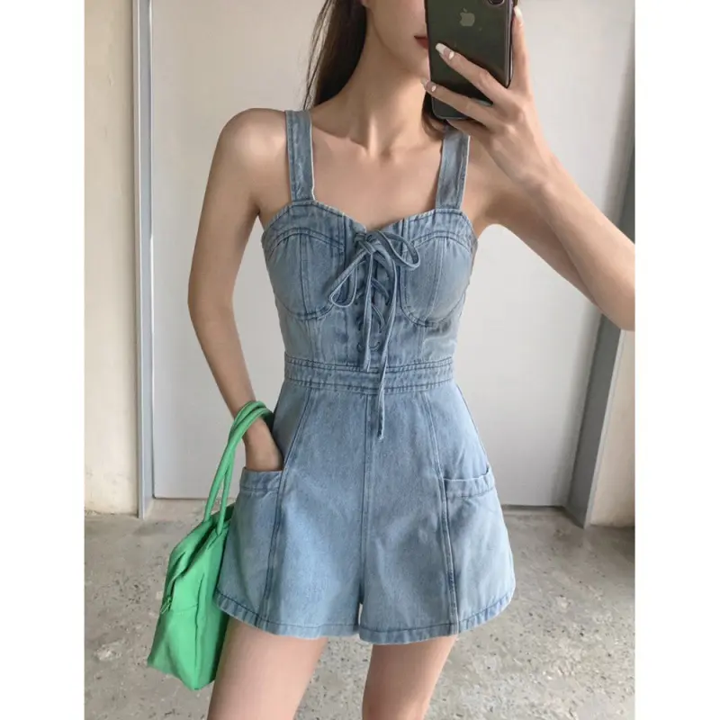 Shorts with denim straps for women, Shorts with high waist, slimming, with pockets Womenswear Overalls Suits Comfort Sleeveless