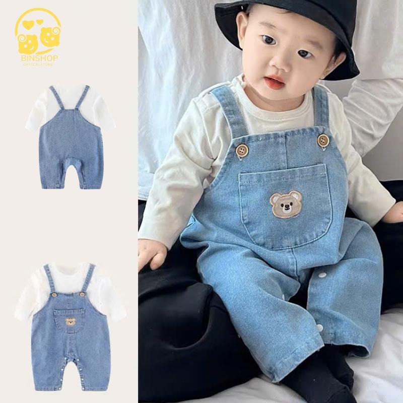 Sét Yếm Jean cho bé trai bé gái hình Gấu + Áo thun dài tay chất mềm mịn Body dài tay cho bé từ 3-12kg