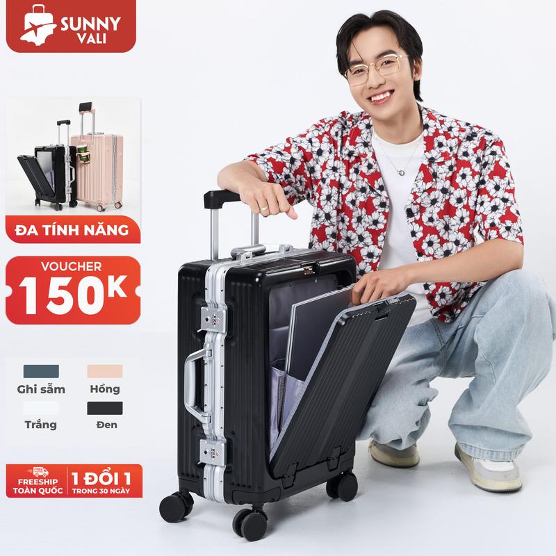 Vali SUNNY MONTER - Vali nhựa PC + ABS khung nhôm, khay đựng cốc, ngăn đựng laptop, móc treo đồ tiện lợi 20/24 inchs
