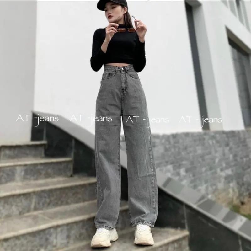 Quần Jeans ống suông cạp cao (5043) Pants Nữ Women Xám 1