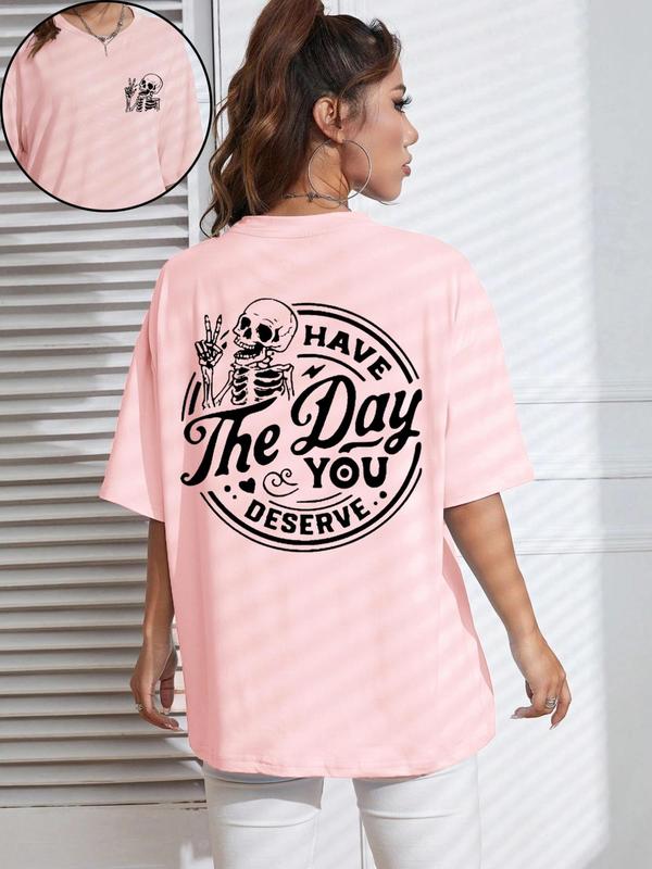 Women's Streetwear Letter & Skeleton Print Drop Shoulder Tee, Casual Half Sleeve Round Neck T-shirt for Daily Wear, Ladies Clothes for All Seasons, Tshirt 8