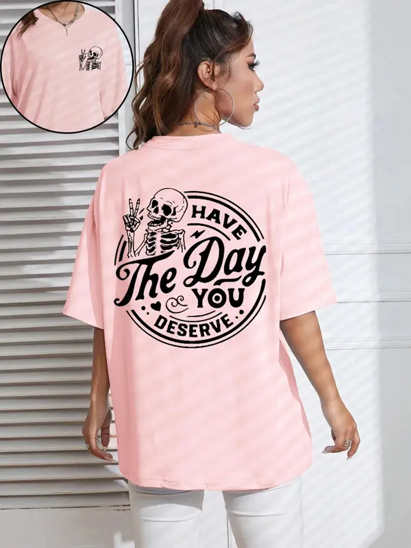 Women's Streetwear Letter & Skeleton Print Drop Shoulder Tee, Casual Half Sleeve Round Neck T-shirt for Daily Wear, Ladies Clothes for All Seasons, Tshirt 6