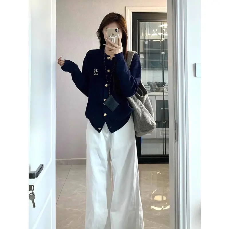 Áo Len, Phong Cách Hàn Quốc, Màu Xanh Navy, Dành Cho Nữ, Thiết Kế Mùa Thu, Nút Kim Loại, Phong Cách Preppy Trông Tựa Dạo, Áo Len 8