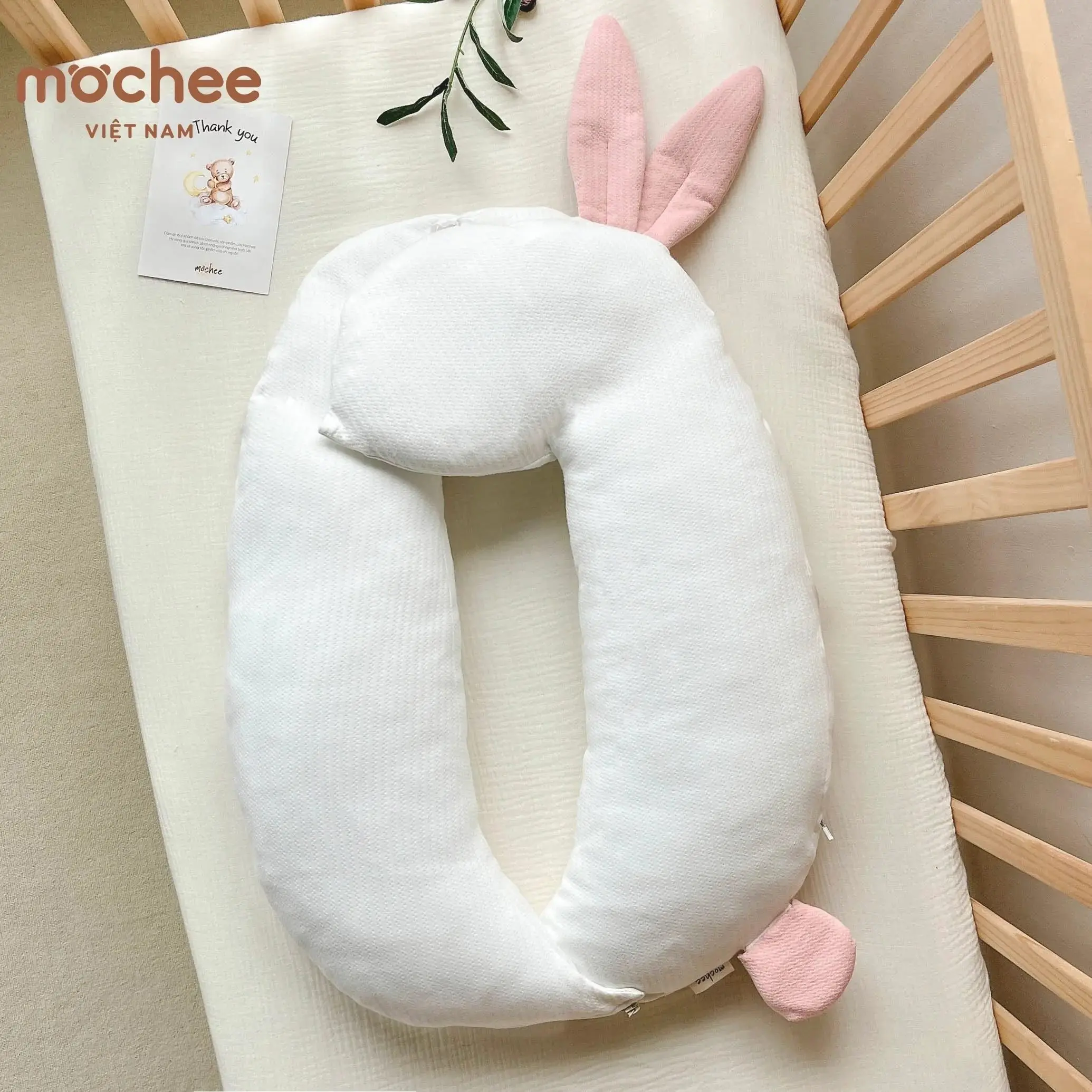 Gối Chữ U, Gối Chặn Bông Hình Thỏ Đa Năng Mochee, Chất Vải Mềm Mịn