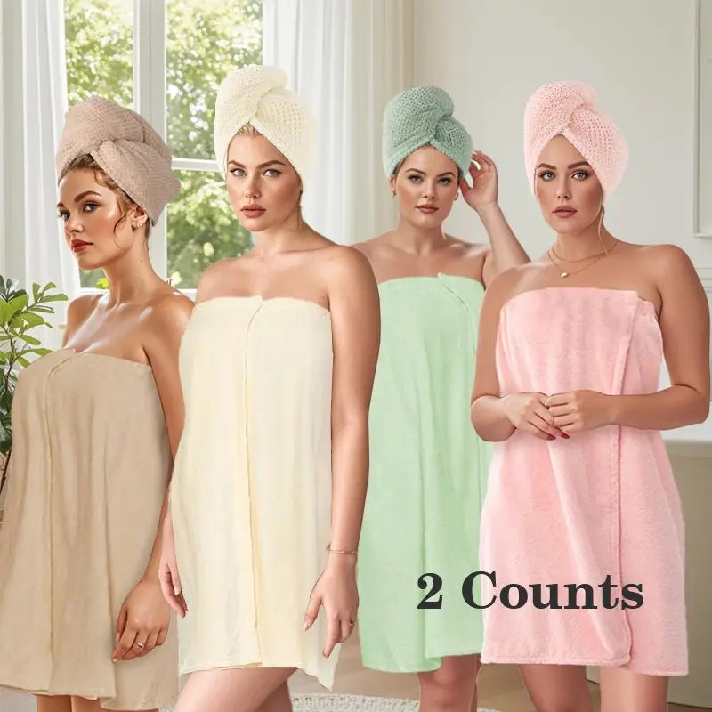 Women's Bow Decor Wearable Bath Towel, 2 Counts/set Soft Comfortable Hair Drying Cap, Bathrobe for Home and Travel