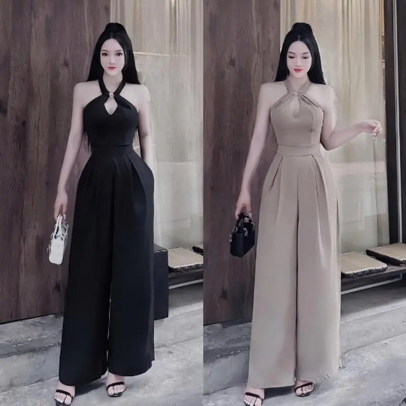 Jum quần nữ ống rộng thiết kế cổ yếm có túi với tone 2 màu xinh xắn dành cho các nàng diện đi chơi, đi tiệc Women 0