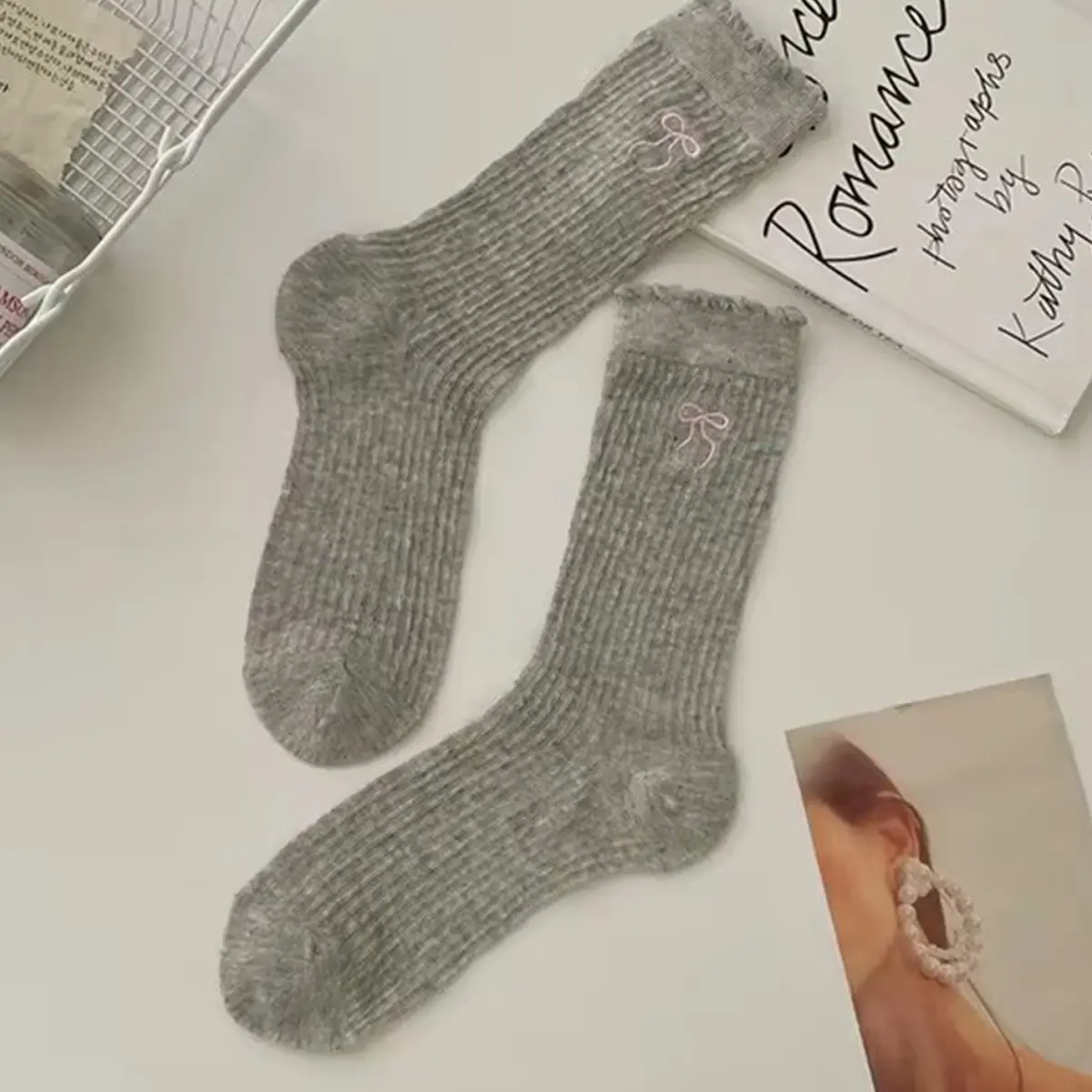 Summer Thin Bow Embroidered Grey Stacking Socks Ins Summer Thin Point Yarn Lace Socks