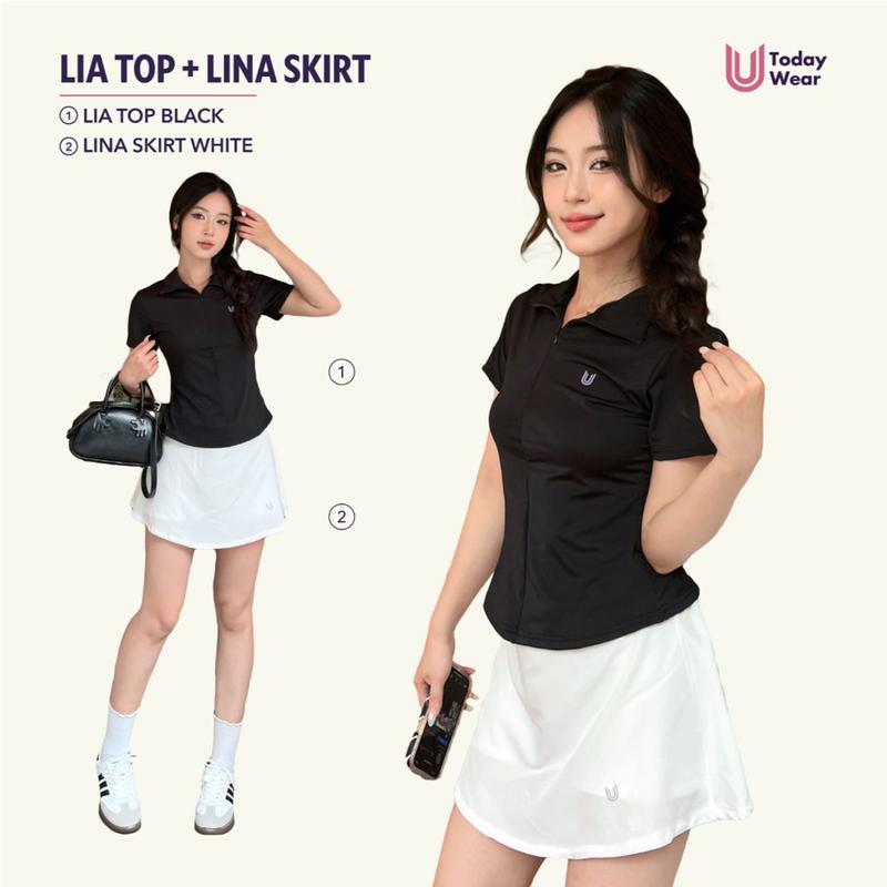 Set bộ đồ thể thao nữ áo Lia Top đen mix chân váy Lina Skirt trắng Today U Wear Sport Pickleball Tập Gym