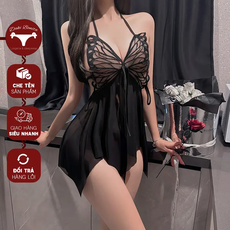 Váy ngủ ren sexy xẻ tà họa tiết hình bướm DK99 đầm mặc nhà cao cấp
