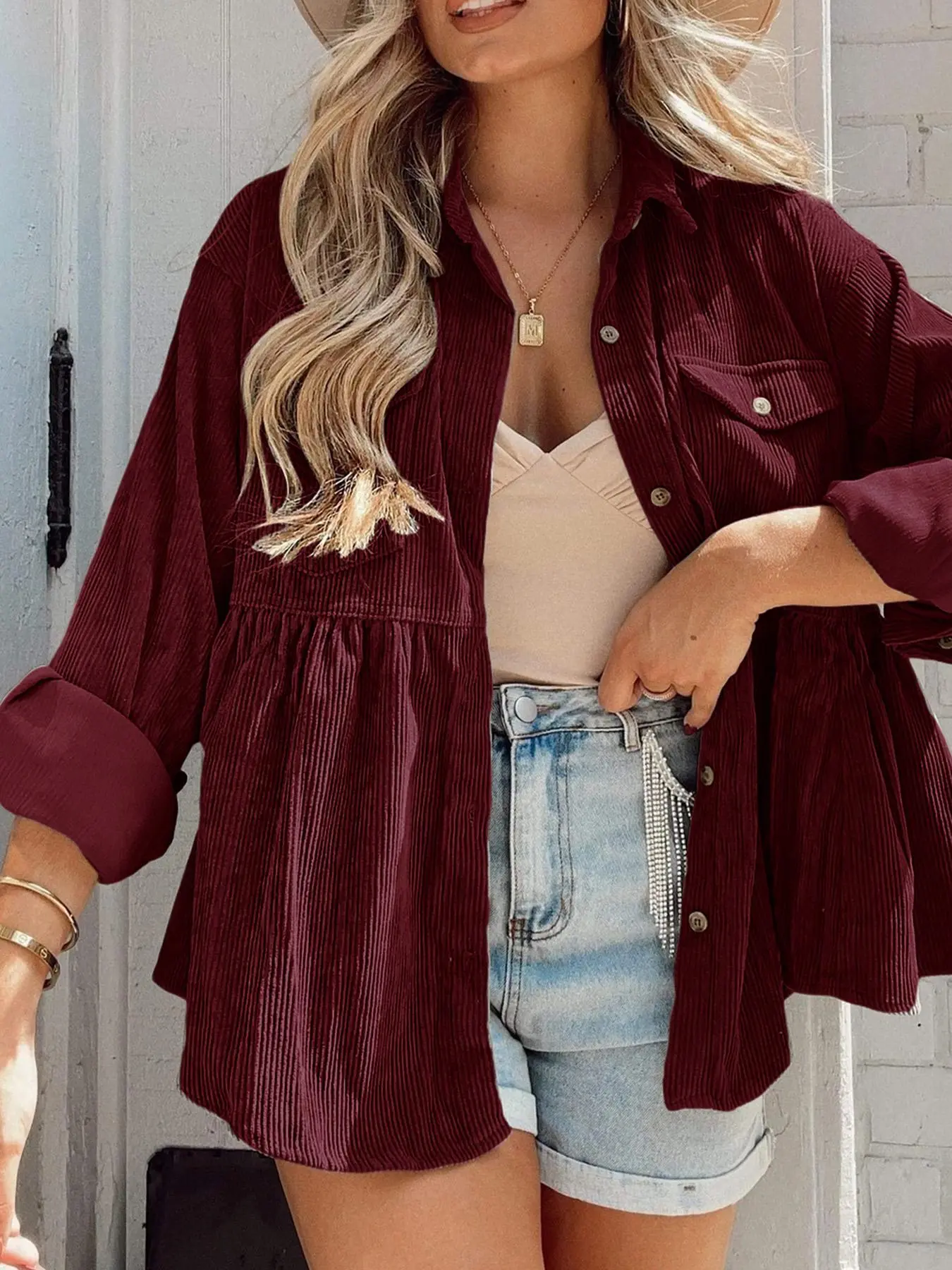 Women's Plain Button Front Long Sleeve Corduroy Jacket, Casual Flap Pocket Collared Outerwear for Spring & Fall, Women's Clothes for Daily Wear