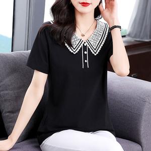 100KG Can Wear Korean Style New Design Peter Pan Collar Short Sleeve Ladies Stand Collar Long T-shirt Loose Plus Size Blouse Women Elegant Lapel Tops Fashion Shirts