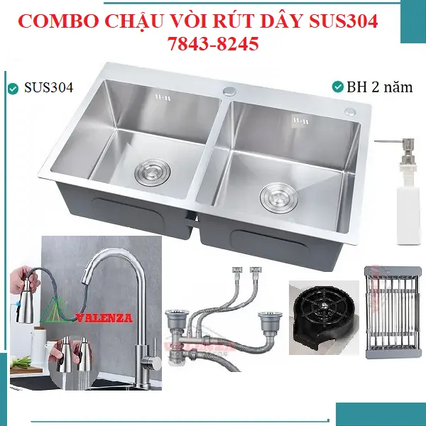 Chậu rửa bát inox304 2 hố cân 7843-8245 dày 2,5li kèm vòi rửa bát rút dây 01 nóng lạnh inox 304, bộ xả chậu, rổ inox gác chậu, bình đựng nước rửa bát