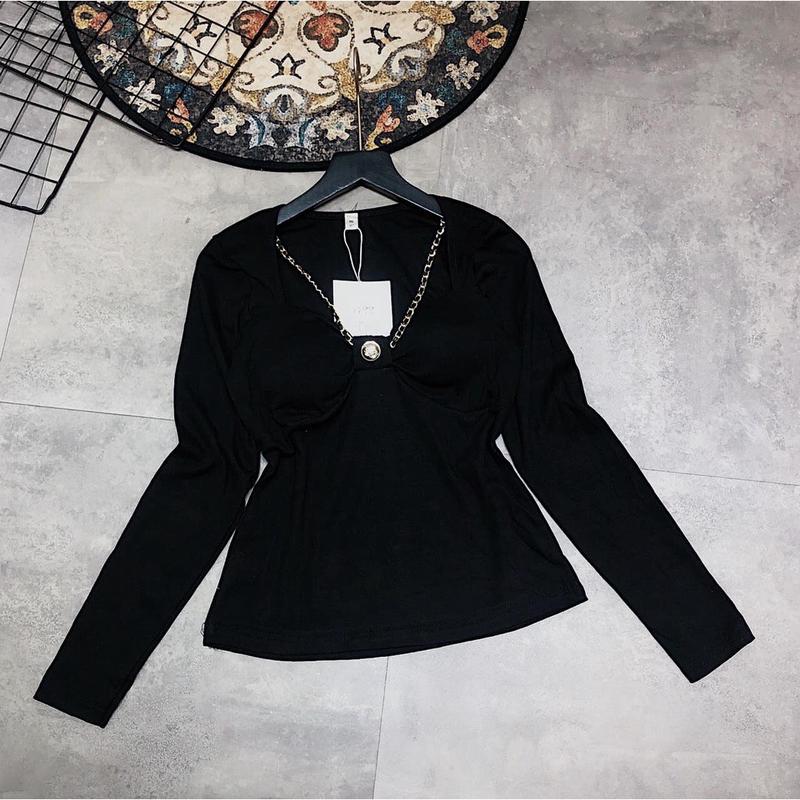 Áo croptop nữ tay dài phối xích có mút ngực Áo croptop nơ ngực kèm dây xích Cổ Tròn Sơ Mi Women 3
