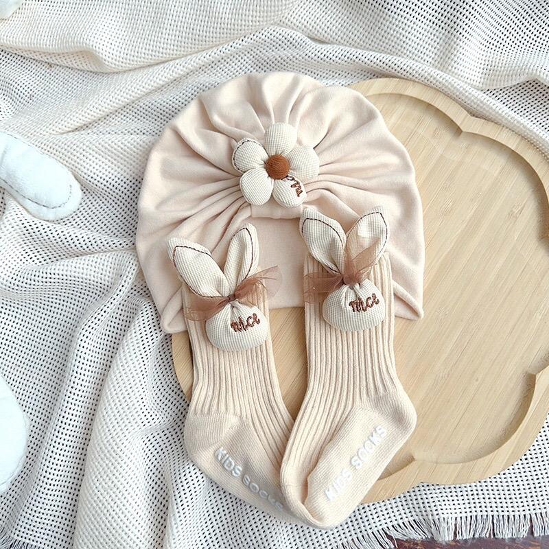Set mũ kèm tất dài hình thỏ xinh xắn cho bé gái từ 4-10kg Cotton Vải Cotton 3