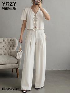 YOZY Women's Solid Color Top & Wide Leg Pants Two-piece Set, Casual Fashion Cozy Top & Trousers for Daily Outdoor Wear, Ladies Clothes for All Seasons, Travel