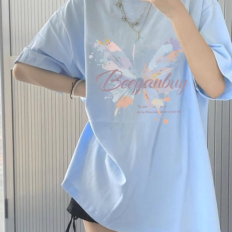 Product Introduction of 2024 Summer New Products in Stock Butterfly Print Short-Sleeved T-shirt Women's Loose All-Match Korean Style Tummy Hiding 15