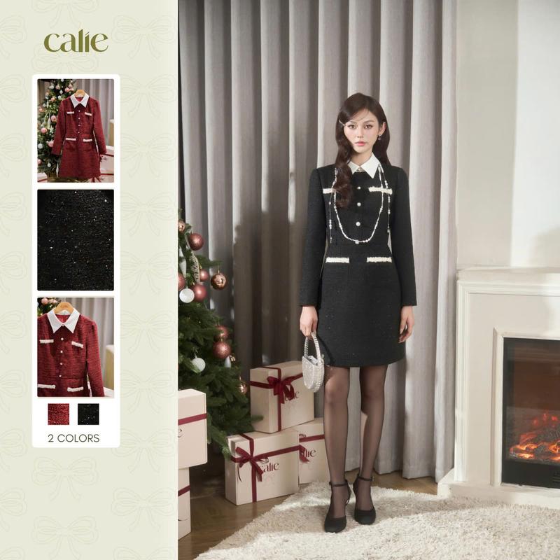  Váy dáng A cổ đức dài tay phối viền chất liệu dạ cao cấp sang trọng phù hợp các dịp tiệc đi chơi cuối năm Calie Va454 