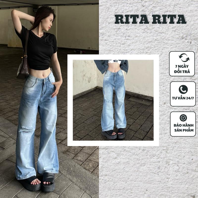 (RITA JEAN)7110 Quần ống xuông NẤM LÙN jean nữ màu xanh nhạt basic rách bên gối đơn giãn lai cuốn dài 100cm