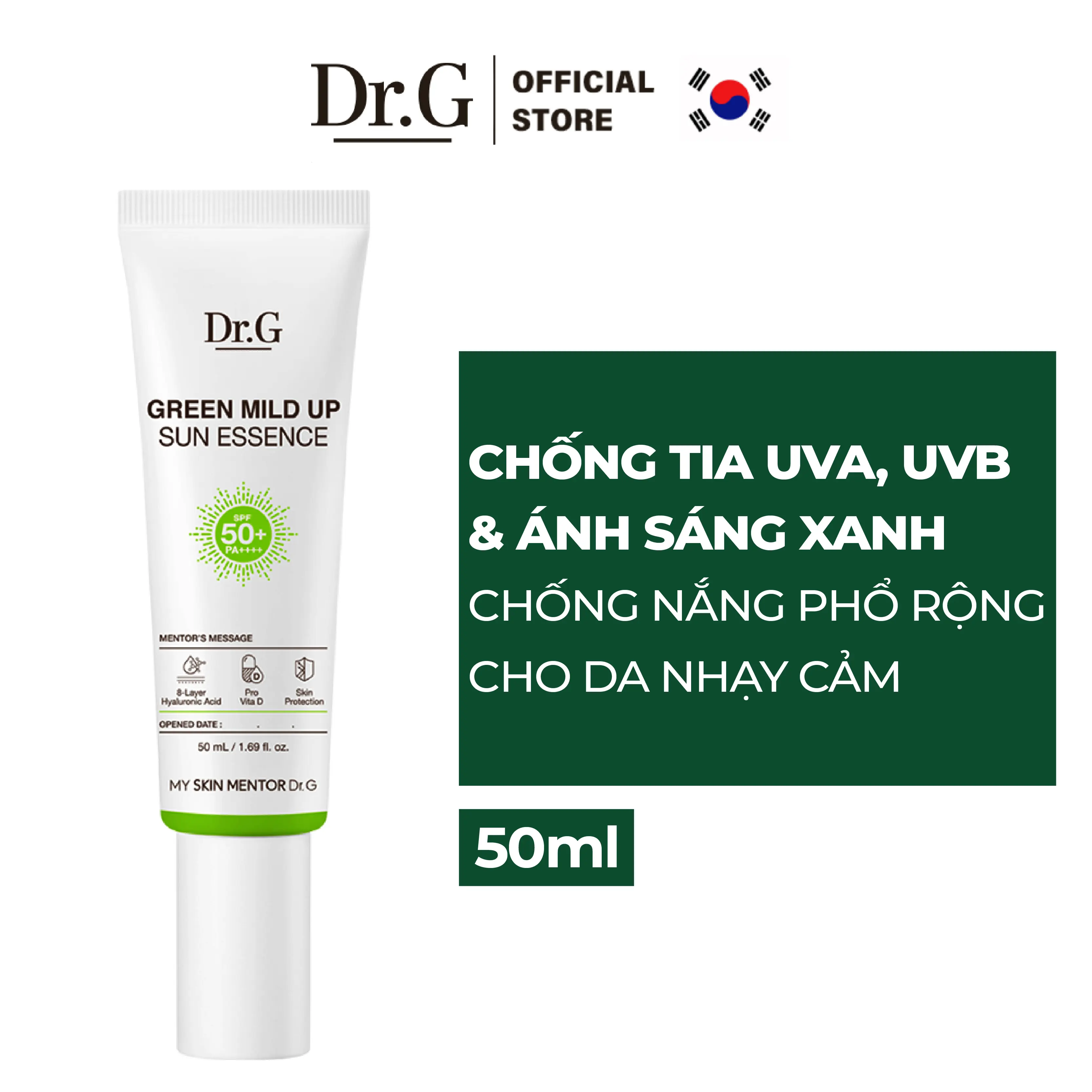 [ Date tháng 5.2026] Kem chống nắng phổ rộng cho da khô, da đang treatment Dr.G Green Mild Up Sun Essence SPF50+ PA++++ 50ml
