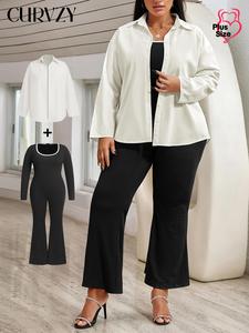 CURVZY Plus Size Two-Piece Set Solid Color Button Front Blouse & Flare Leg Jumpsuit, Elegant Fashion Casual Drop Shoulder Long Sleeve Top & Jumpsuit for Daily Outdoor Wear, Women's Two-piece Outfits for Fall