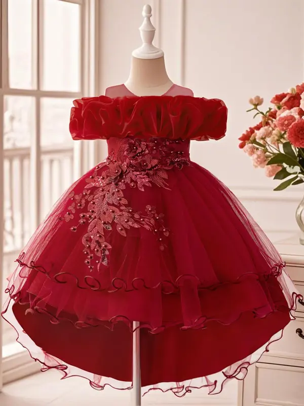 Girl's Sequin Decor Multi-layer Tulle Party Dress, Elegant Flower Design Sleeveless Sweater Dress for Party Performance Wedding Guest, Kids Clothes for Four Seasons, Tutu Princess Dress 3