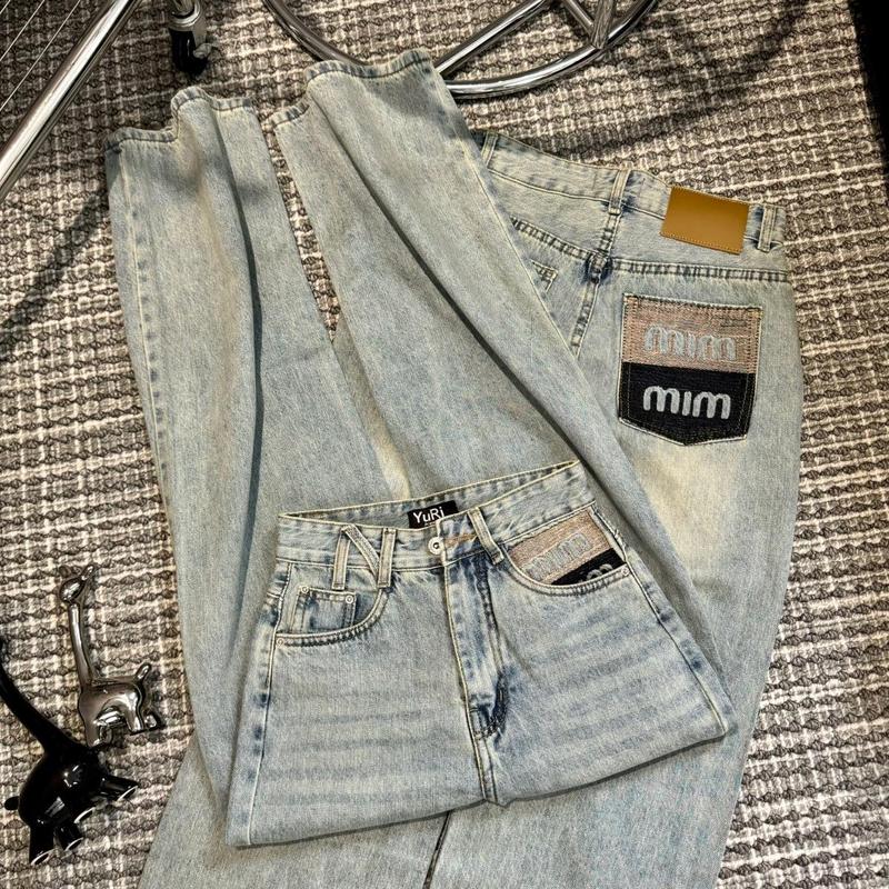 YURI JEANS - (Vải QC-Cao Cấp) Quần Jean Suông Nữ Thêu 'MiM MiM' Tad Da Vàng M4150