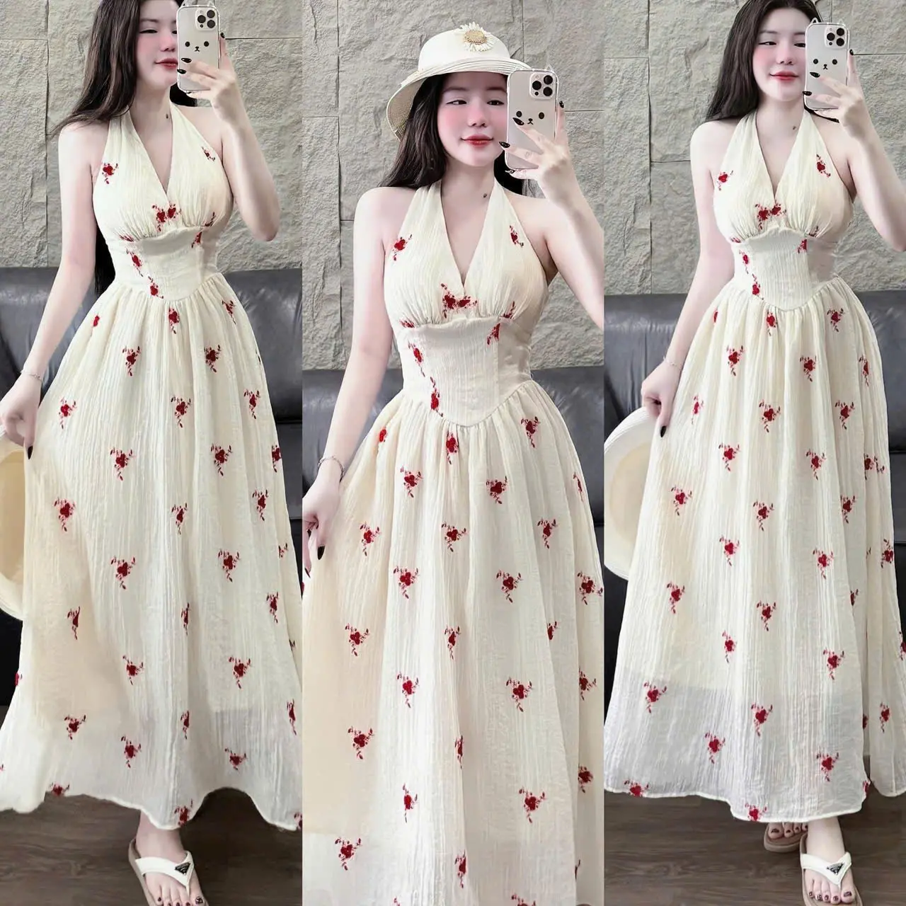 Đầm váy nữ xốp in hoa cổ yếm[ có mút]  from maxi dài bồng bềnh nhẹ nhàng thanh lịch dịu dàng cho các nàng đi biển đi chơi women top